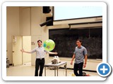 Nik Huntoon and Zach Castillo demonstrate lift, using a plastic ball and a leaf blower. — at Regener Hall.